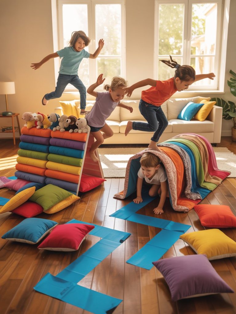 Kids playing indoor obstacle course with cushions and blankets for fun rainy day activity