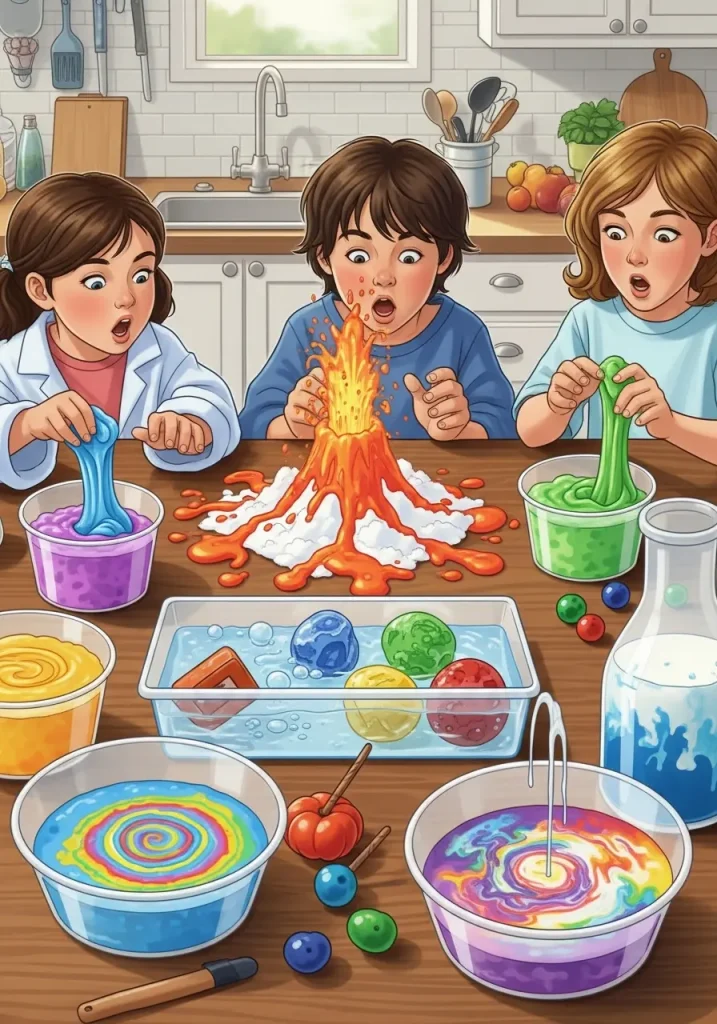 Children doing baking soda volcano science experiment in kitchen for indoor learning fun