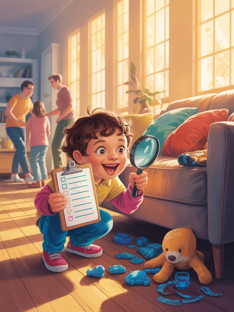 Children enjoying indoor scavenger hunt with riddles and clues around the house