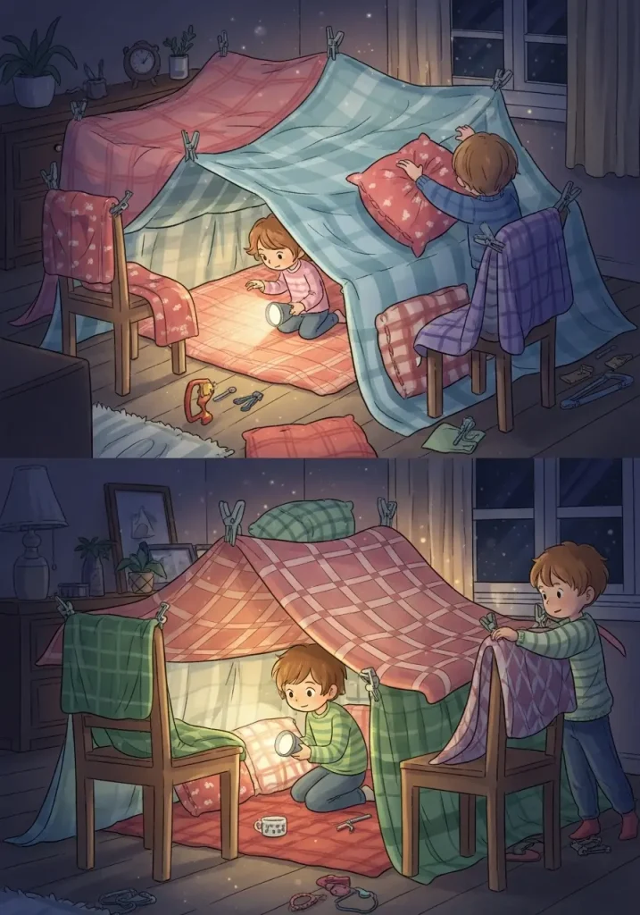 Creative kids building blanket forts in living room for imaginative indoor play