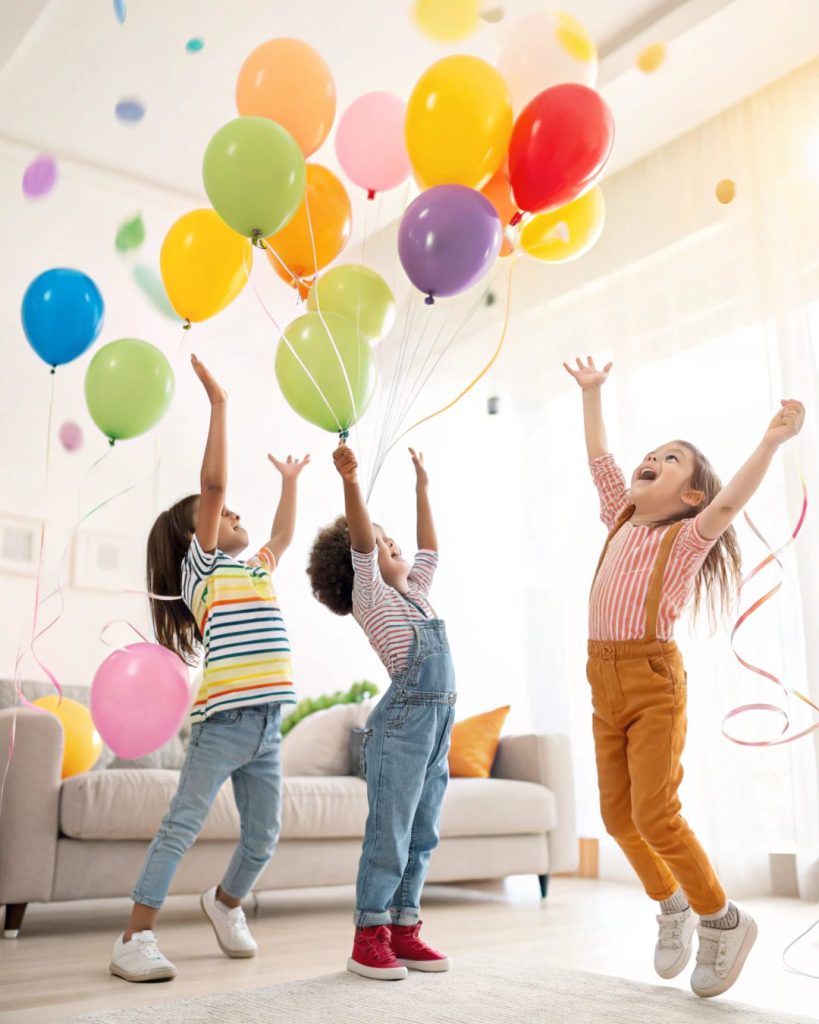 Toddler and siblings laughing while playing balloon tennis indoors