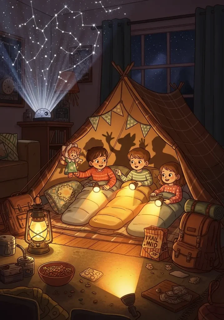 Family indoor camping setup with tent, sleeping bags, and flashlight storytelling