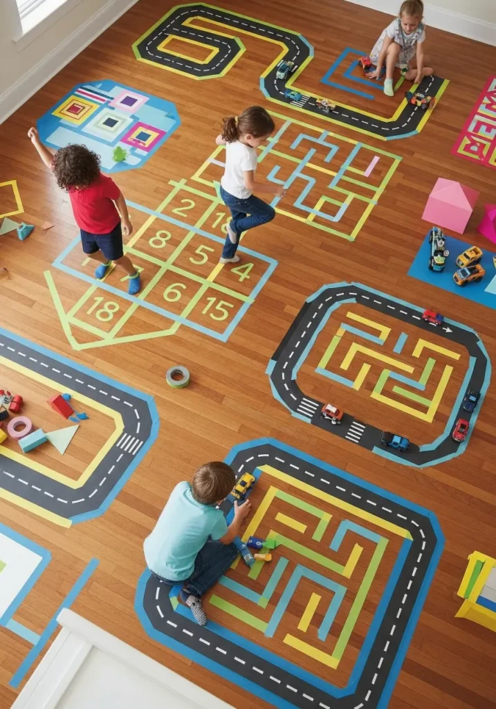 Child playing balance beam game using masking tape lines on living room floor