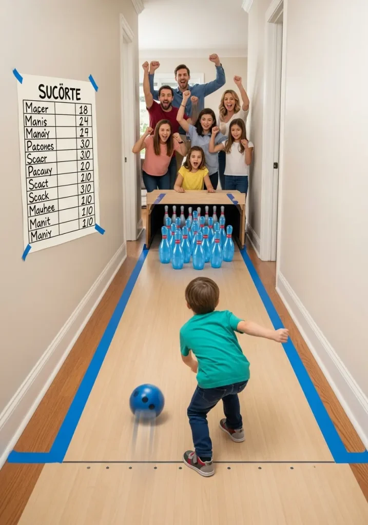 Kids bowling with plastic bottles and soft ball in hallway homemade bowling alley