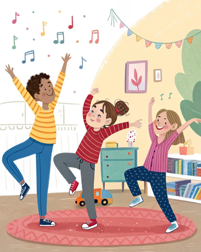 Children dancing and freezing to music in fun indoor freeze dance game