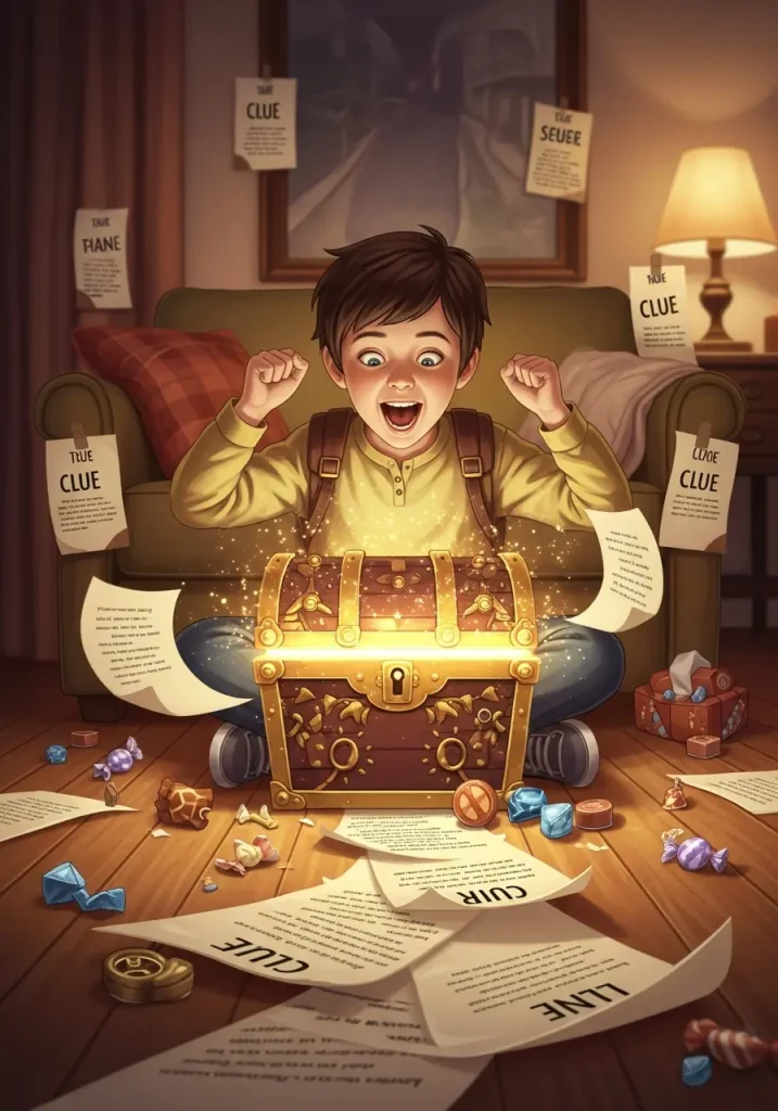 Kids following treasure hunt clues to find hidden prize at home